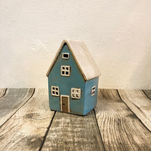 Blue house tealight with white roof